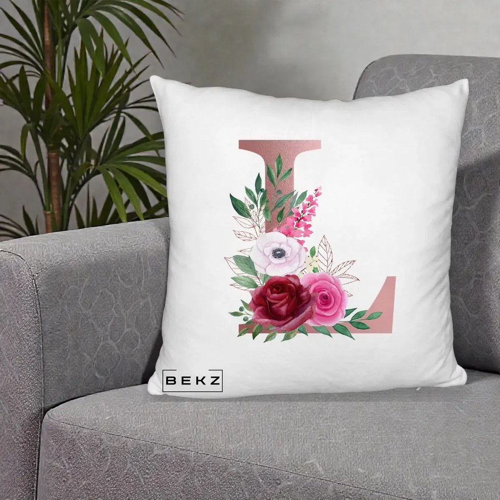 Cadou Personalizat - Perna Personalizata Monograma Rose Gold Litera L, 40x40 cm, Alb Pufos, Husa Detasabila, Perna Inclusa, BEKZ®