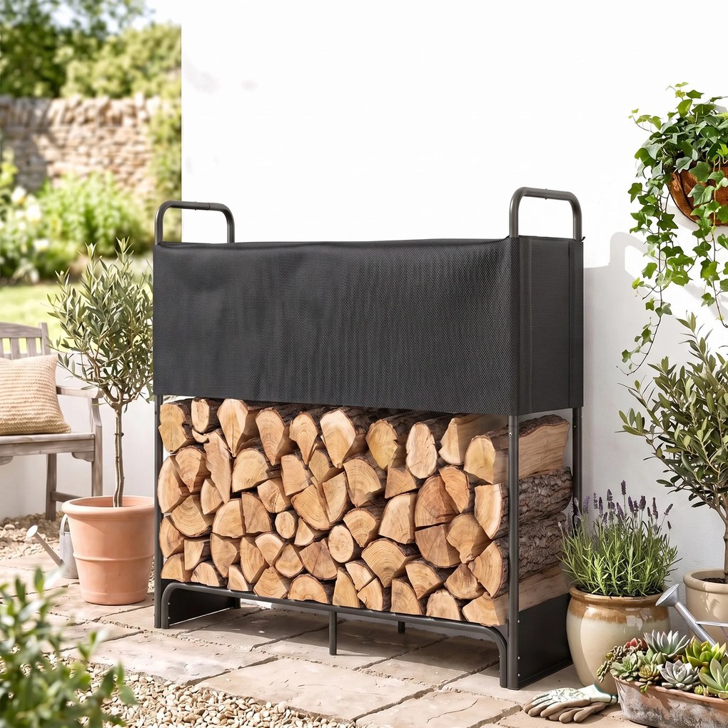 Outsunny Suport pentru Lemne de Foc pentru Interior și Exterior, Oțel Galvanizat cu Husă Oxford, 132x38x118 cm, Negru | Aosom Romania