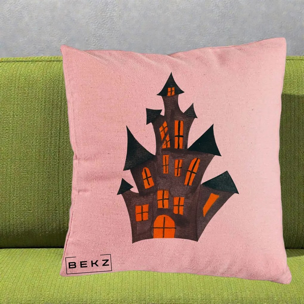 Perna Decorativa Halloween Casa Bantuita Minimalista, 40x40 cm, Roz, Husa Detasabila, Perna Inclusa, BEKZ®