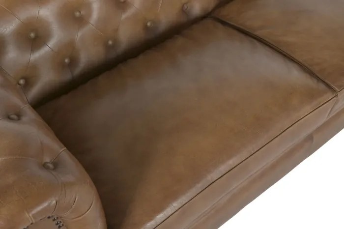 Canapea Chesterfield cu 3 locuri din piele, maro, spătar și brațe capitonate cu ținte, picioare cu rotile, finisaj patinat, 80 x 190 x 77 cm,