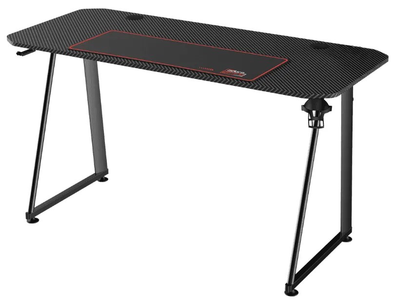 Birou Gaming Adore EXPERT SERIES, 140 x 60 x 75 cm, suprafata Negru carbon, mousepad 80 x 30 cm, suport pentru casti si pahar, reglaj suprafata podea
