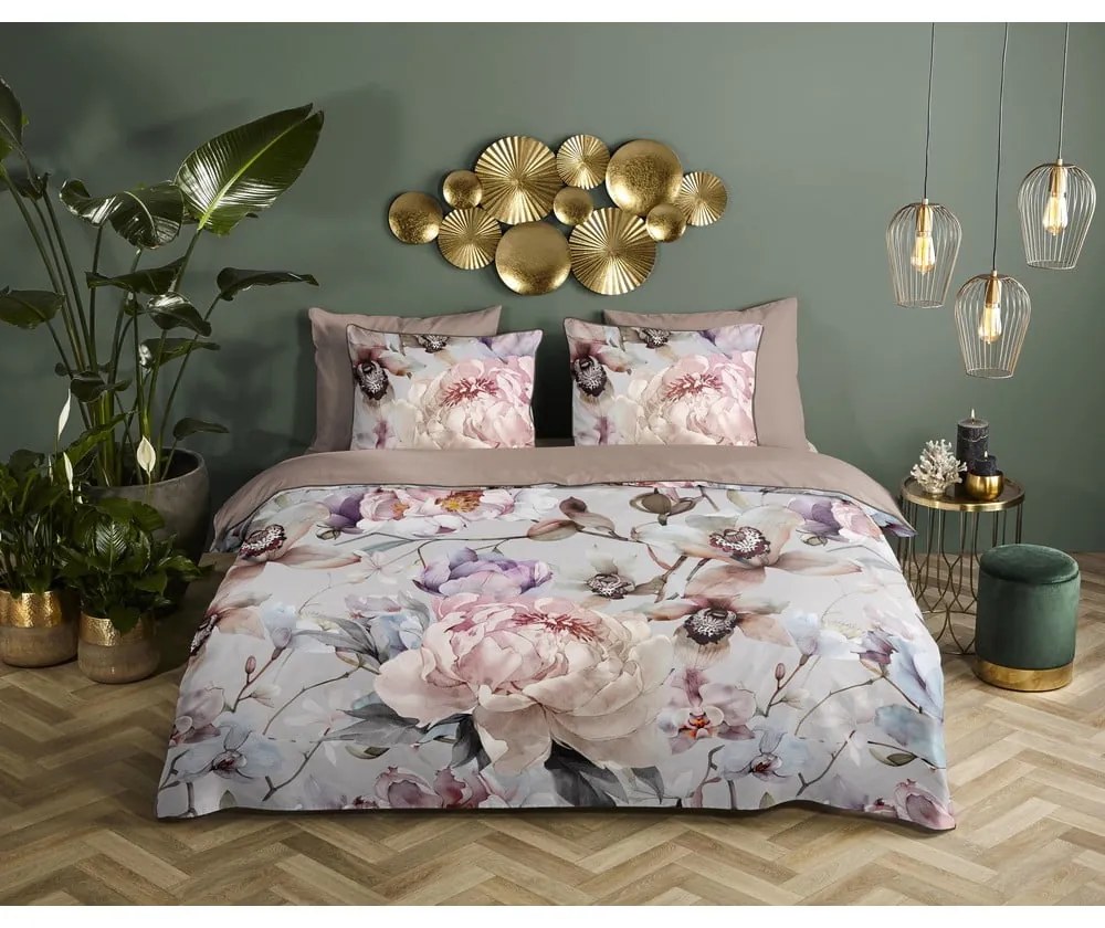 Lenjerie de pat gri-maro din bumbac satinat pentru pat de o persoană, extinsă 140x220 cm Colinda – Descanso