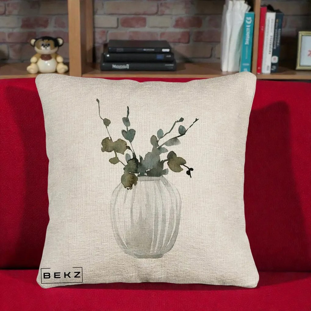 Perna Decorativa Vaza cu Eucalipt Watercolor, 40x40 cm, Bej Canapea, Husa Detasabila, Perna Inclusa, BEKZ®