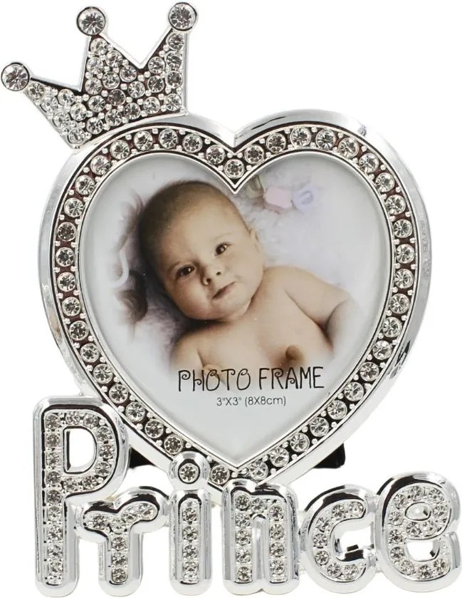 Ramă Foto Prince AZAY cu Coroană și Cristale, 5x5 cm, Ramă Foto Bebeluși, Cadou Botez / Nou-Născut, Cutie Cadou Inclusă
