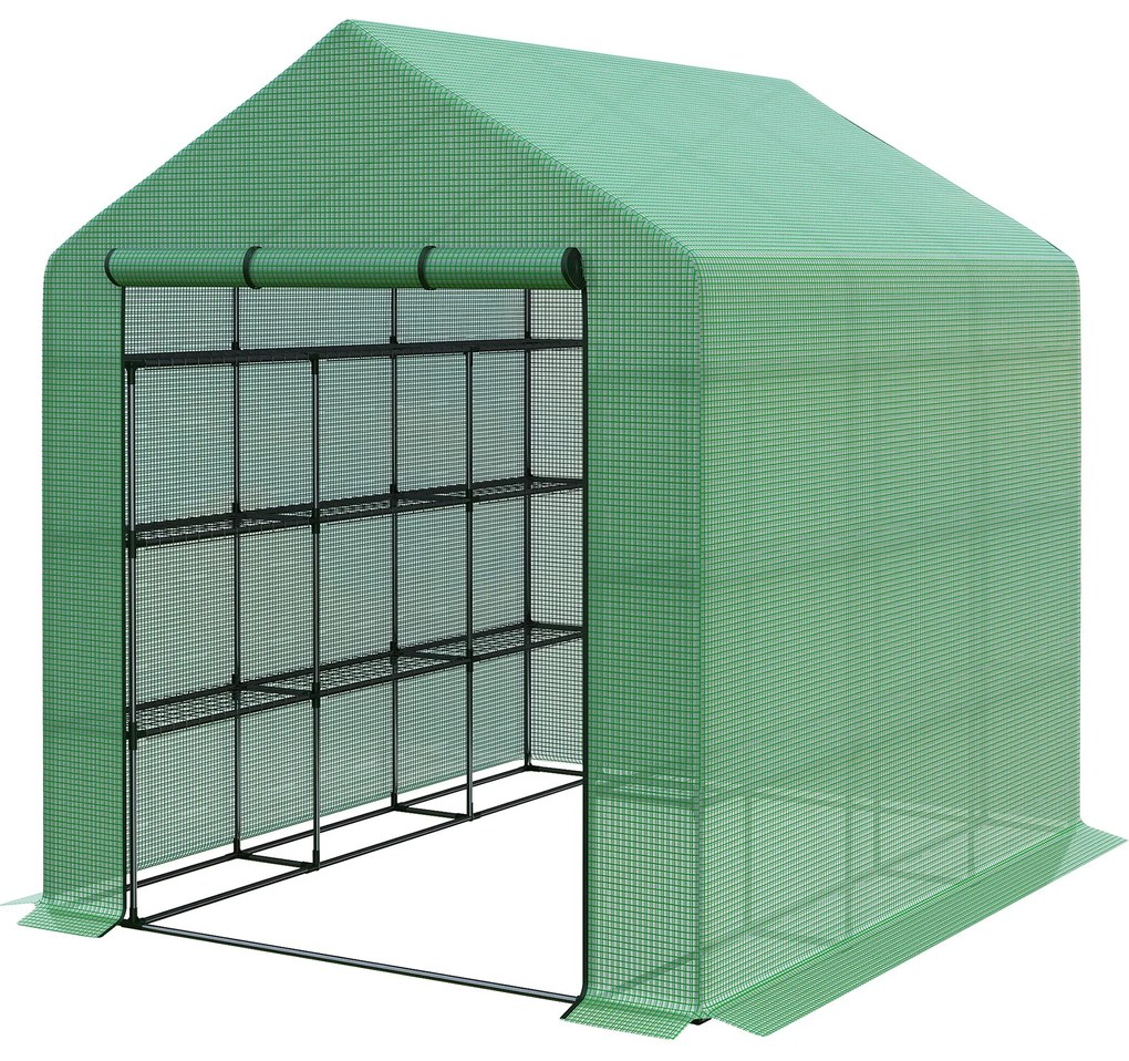 Outsunny Solar de grădină cu rafturi, husă PE rezistentă UV, ușă rulantă cu fermoar, cadru oțel, 190x120x190 cm, verde | Aosom Romania