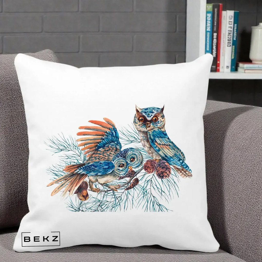 Perna Decorativa Bufnite de Iarna Albastre, 40x40 cm, Alba Mata, Husa Detasabila, Perna Inclusa, BEKZ®