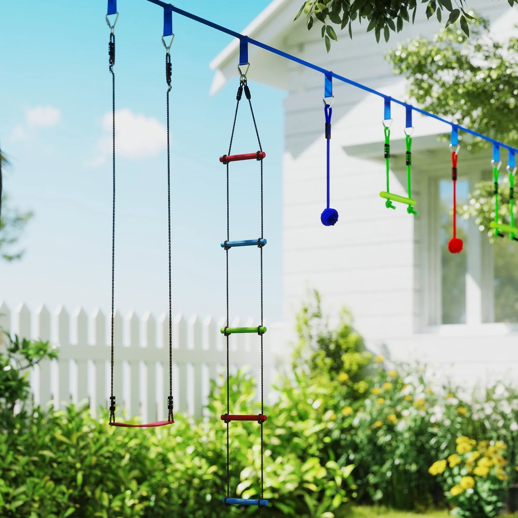 AIYAPLAY Parcurs de obstacole ninja pentru copii 10 accesorii 10 m, slackline și geantă de transport, albastru | Aosom Romania