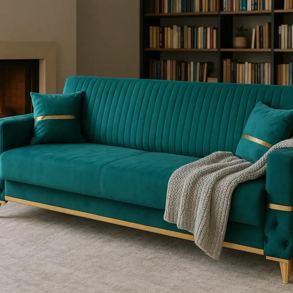 Canapea extensibila cu lada de depozitare 220x90x97 cm – stofa verde, detalii aurii –  Vegas