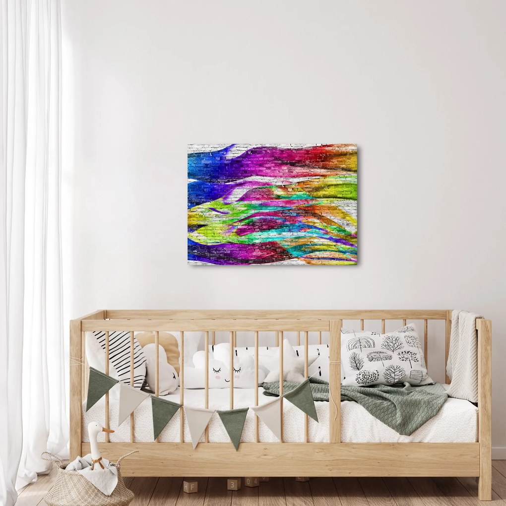 Tablou - Zid de cărămidă cu flăcări colorate (70x50 cm)