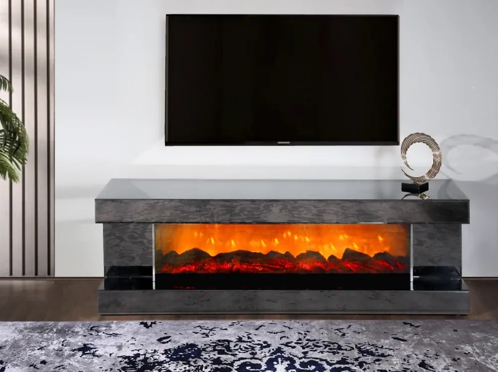 Comoda TV cu șemineu electric, boxa Bluethooth, telecomandă, Bronze, 180x43x55 cm