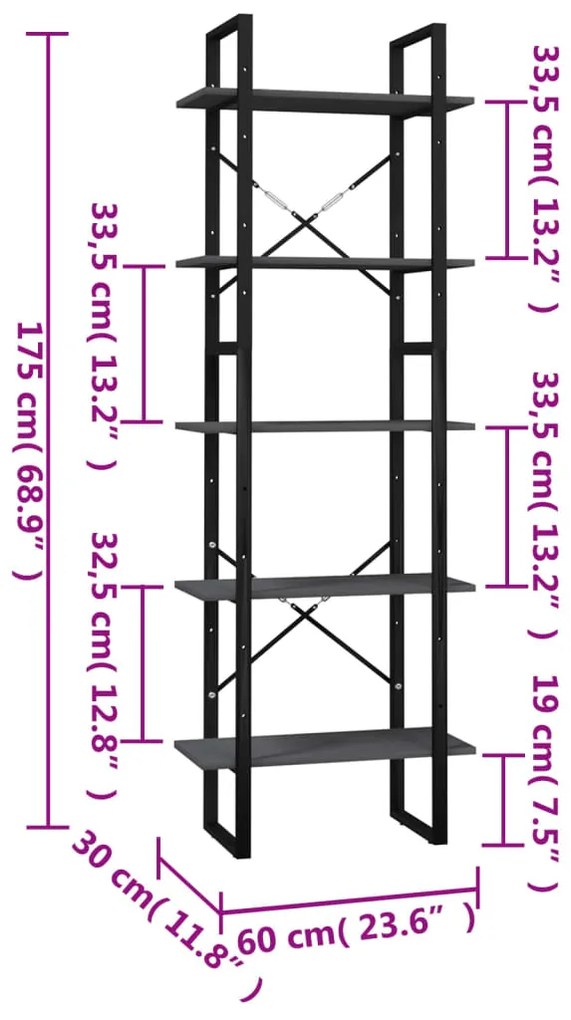 Biblioteca cu 5 rafturi, gri, 60x30x175 cm, lemn de pin 1, Gri, 60 x 30 x 175 cm