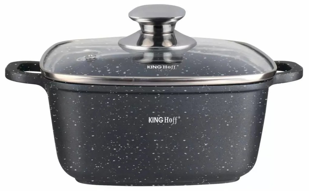 Oală pătrată cu capac 24x24 cm, 4.4L – Kinghoff KH 1603, cu strat antiaderent marmură, neagră, ideală pentru gătit fără ulei
