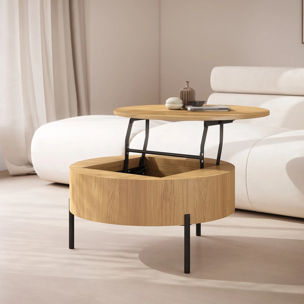 Mazzoni FRIDA Stejar Natural – MĂSUȚĂ DE CAFEA MODERNĂ CU BLAT RABATABIL ȘI SPAȚIU DE DEPOZITARE