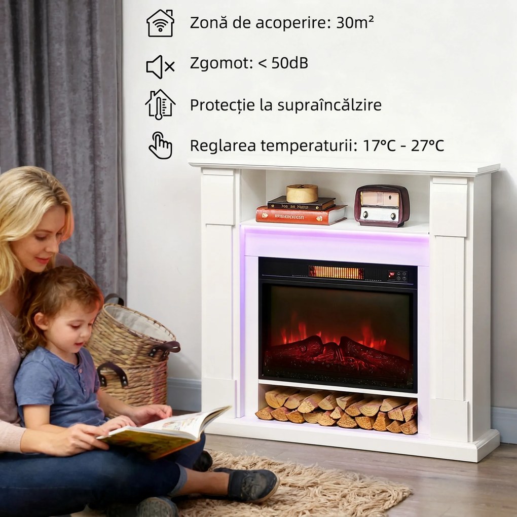HOMCOM Șemineu Electric Reglabil cu Flacără 3D, Temporizator și Telecomandă Alb | Aosom Romania
