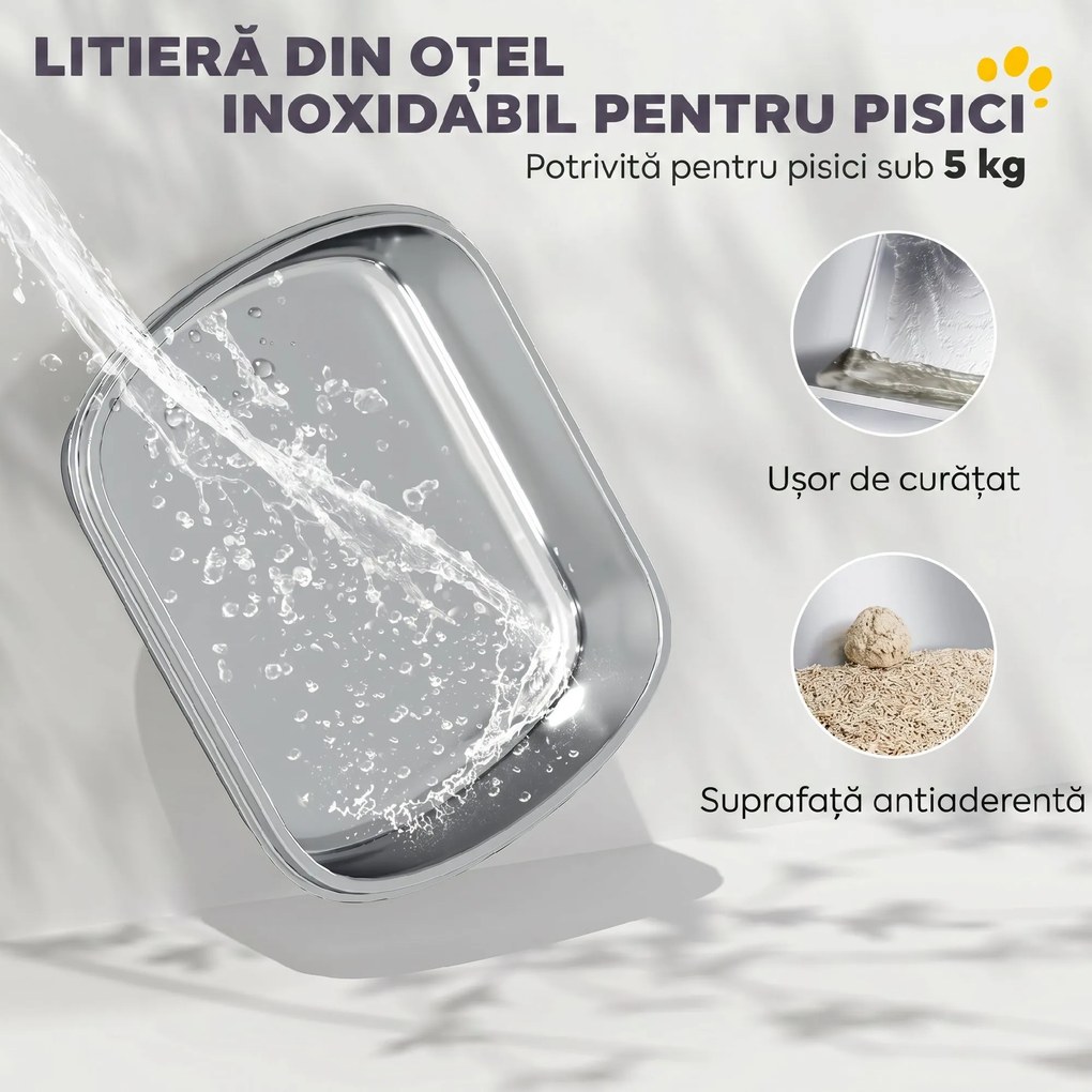 PawHut Litieră închisă pentru pisici, L, din oțel inoxidabil, cu mâner, lopățică și deodorant, anti-împrăștiere, gri | Aosom Romania