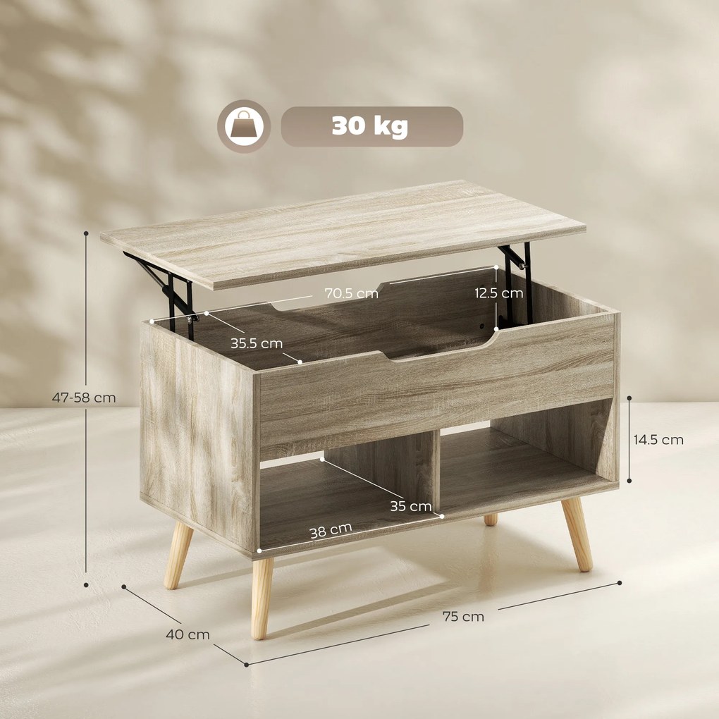 HOMCOM Masă de cafea rabatabilă, masă pentru living cu compartiment ascuns și rafturi deschise, 75 x 40 x 58 cm, lemn natural | Aosom Romania
