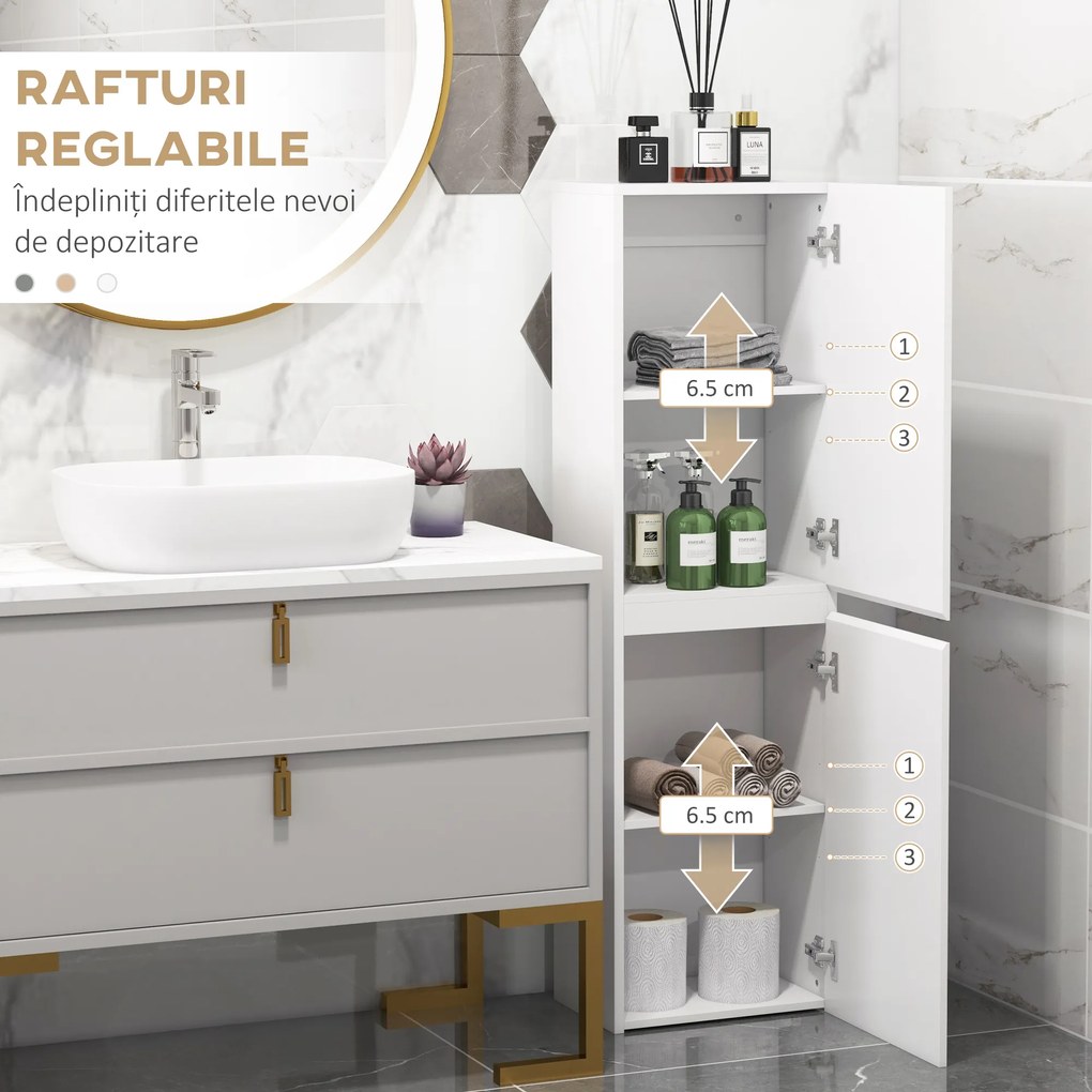 kleankin Dulap Înalt pentru Baie, Dulap cu Finisaj Lucios, Rafturi Reglabile, 2 Dulapuri, Organizator Baie, 35 x 25 x 120 cm, Alb Lăcuit | Aosom Romania