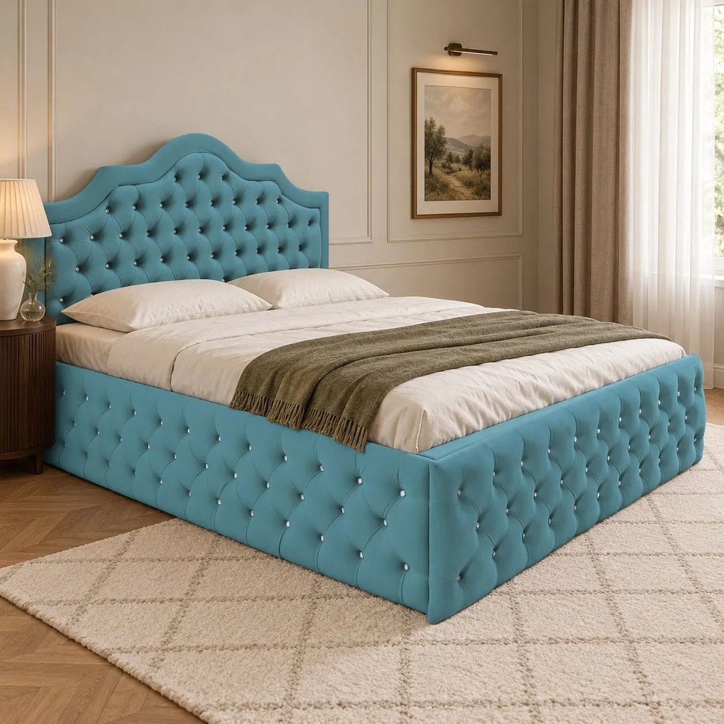Pat tapițat Chesterfield din catifea Imperio Deluxe 160×200 cm, verde marin, cu ladă de depozitare
