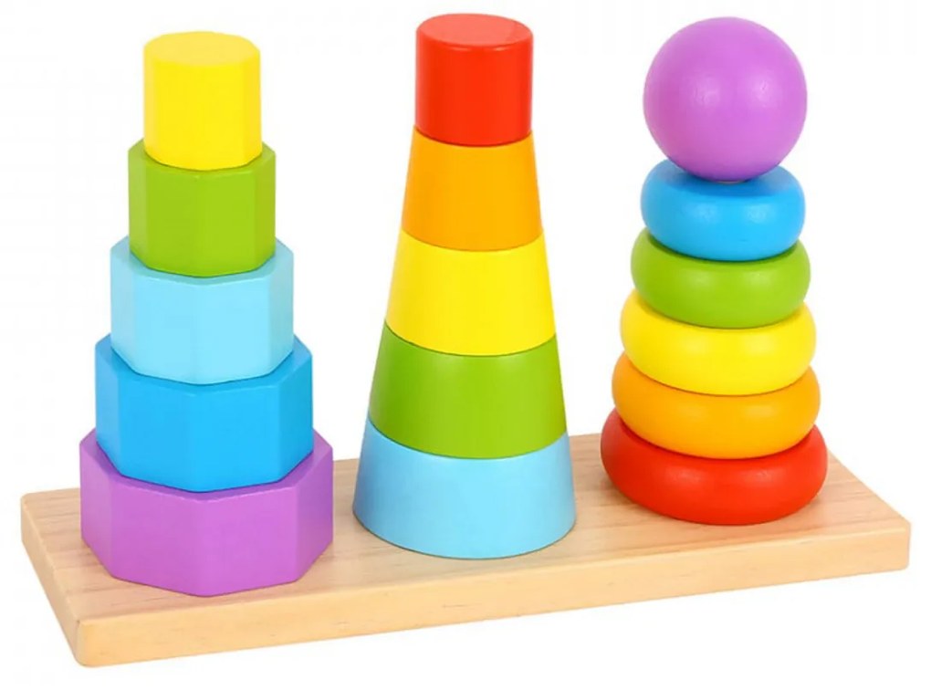 Jucarie educativa sortatoare din lemn masiv NOVOKIDS™ Wooden Towers, 3 in 1, Cu forme geometrice, Materiale Eco, Multicolor