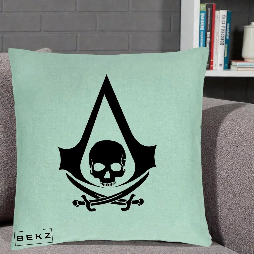 Perna Personalizata Assassin's Creed Black Flag Skull, 40x40 cm, Verde Menta, Husa Detasabila, Perna Inclusa, BEKZ®