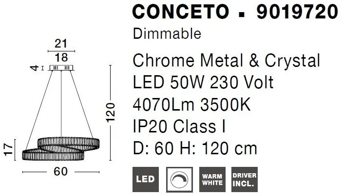 Pendul LED dimabil, cristal design elegant CONCETO crom 60cm