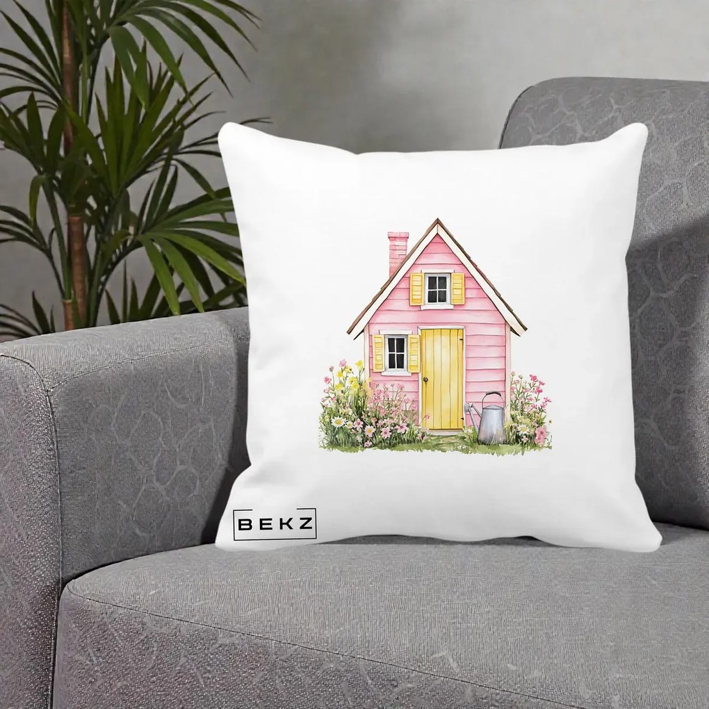 Perna Decorativa Casuta Roz Acuarela cu Gradina, 40x40 cm, Alba Mata, Husa Detasabila, Perna Inclusa, BEKZ®