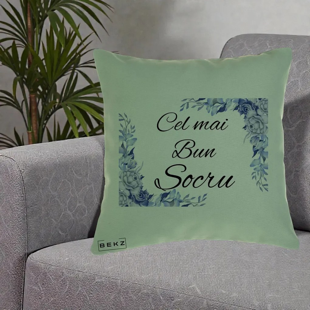Cadou pentru Socru - Perna Personalizata Cel mai Bun Socru cu Flori Albastre Acuarela, 40x40 cm, Verde, Husa Detasabila, Perna Inclusa, BEKZ®