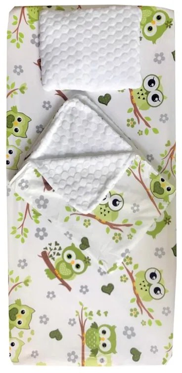 Set 3 piese de iarna paturica cu cearsaf si pernuta pentru pat 160x80 cm Deseda Bufnite verzi