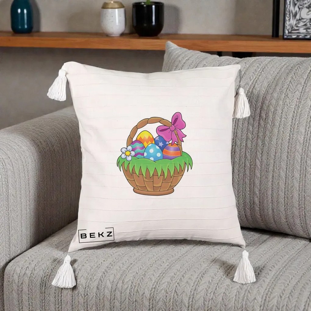 Perna de Paste Cos cu Oua de Pasti Colorat, 45x45 cm cu Umplutura, Bej cu Franjuri, BEKZ