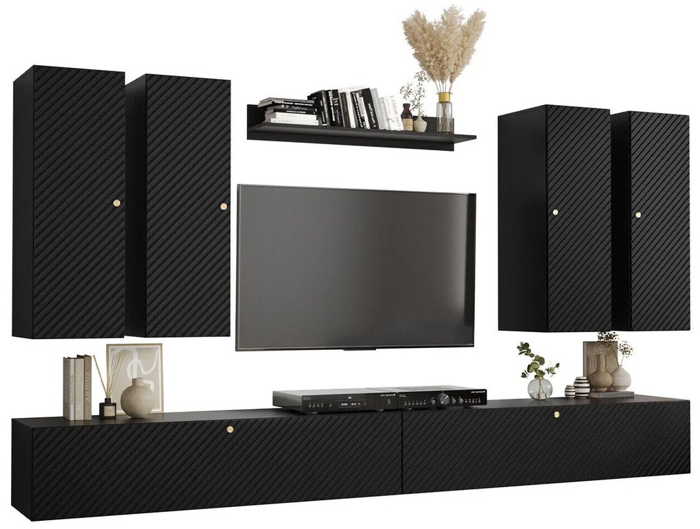 Mobilă pentru sufragerie Hartford H117 Negru, Cu comodă tv, Cu componente suplimentare, Piese individuale, MDF, PAL laminat, 300x40cm, 45 kg