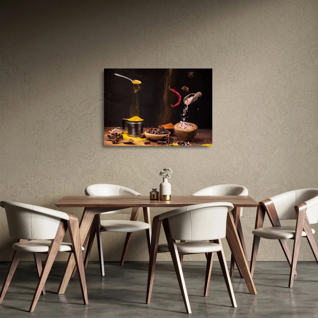 Tablou pe sticlă - Condimente în mișcare (70x50 cm)