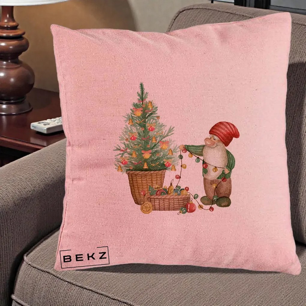 Perna Decorativa Pitic de Craciun cu Brad, 40x40 cm, Roz, Husa Detasabila, Perna Inclusa, BEKZ®