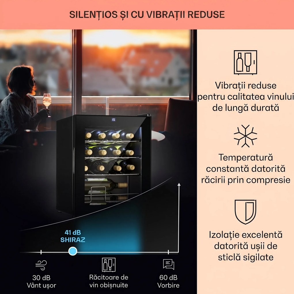 Klarstein Shiraz, răcitor de vinuri, 42 l, panou de control tactil, 131 W, 5 - 18 °C, negru