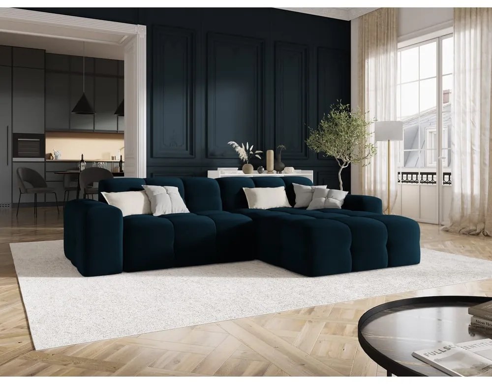 Colțar albastru închis cu tapițerie din catifea (pe partea dreaptă) Kendal – Micadoni Home