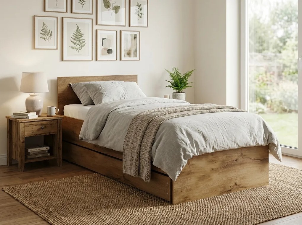 Pat ELISA 90 x 200 cm, stejar artisan Saltele: Saltea Sommera 18 cm, Somiera pat: Cu lamele drepte