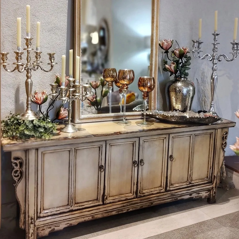 Comoda Everlasting din lemn de ulm antichizat crem 174x40x65 cm
