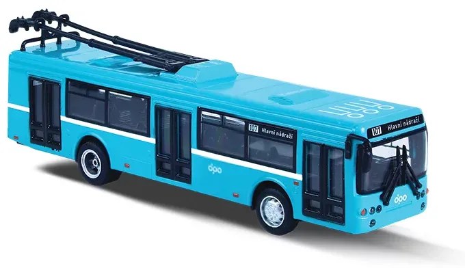 Troleibus metalic, 16 cm, albastru - cu tragere