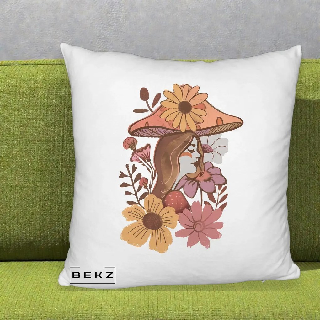 Perna Decorativa Fata Ciuperca Florala Boho, 40x40 cm, Alb Pufos, Husa Detasabila, Perna Inclusa, BEKZ®