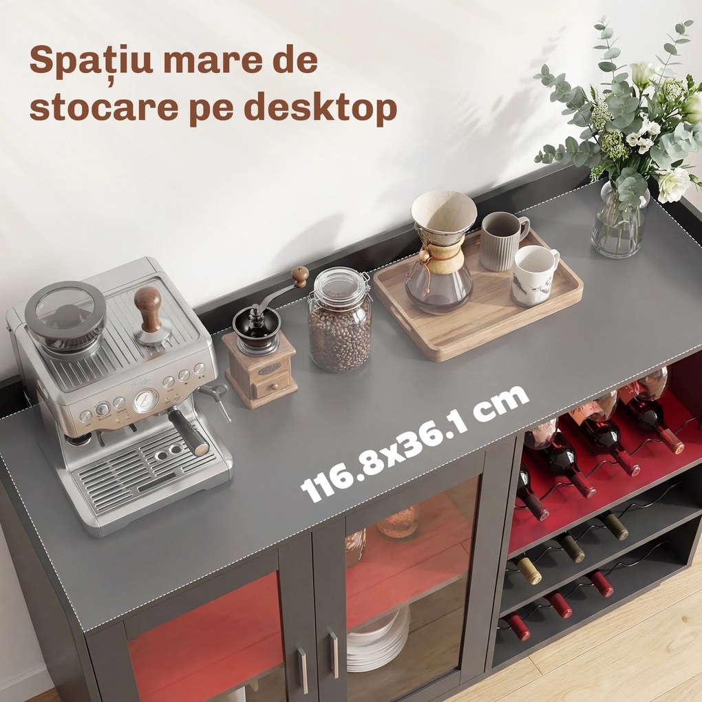 HOMCOM Dulap Port-Sticle cu Lumini LED RGB și Suport pentru 12 Sticle, Dulap pentru Vinuri cu Raft Reglabil și Uși cu Închidere Lentă din Sticlă pentru Casă, Bucătărie și Sufragerie, Negru | Aosom Romania