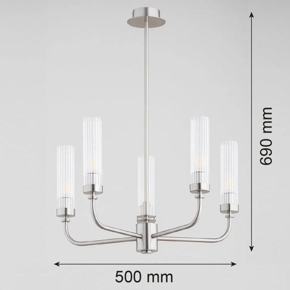 Candelabru 5 brate, otel nickel, sticla canelata PRESTON 2198