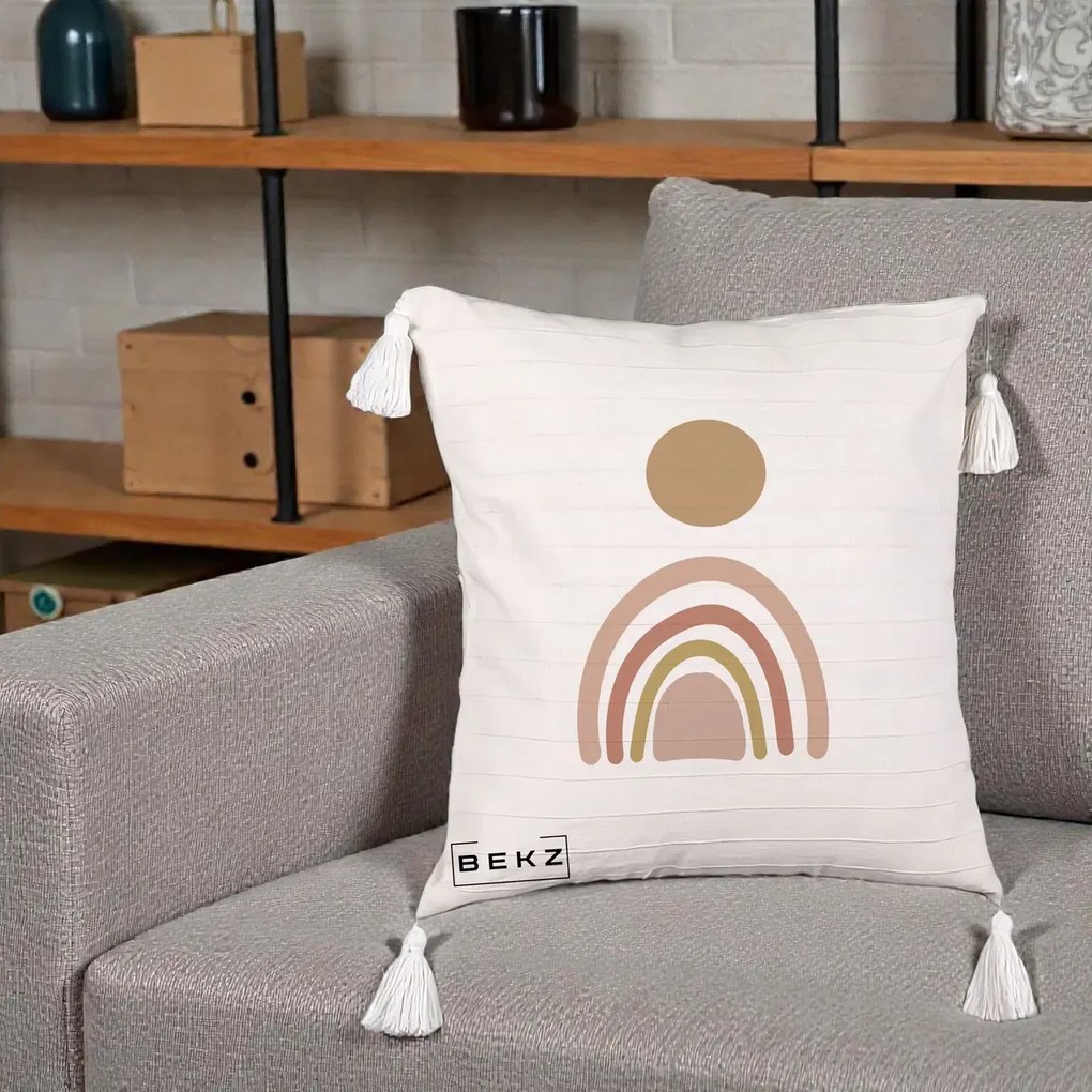 Perna Decorativa Boho Rainbow Sun, 40x40 cm, Bej cu Franjuri, Husa Detasabila, Perna Inclusa, BEKZ®