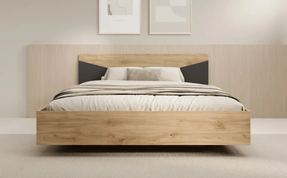 Pat din lemn, Atson, ADRK Furniture (Culoare: Lemn Stejar / Black)