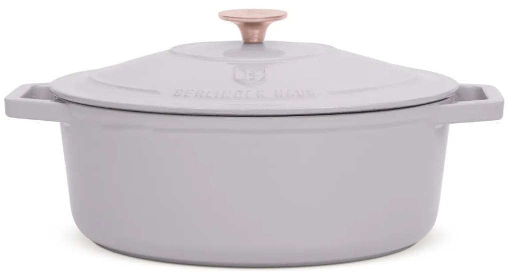 Oală din fontă emailată ovală cu capac 30 cm, 4.65L – Berlinger Haus Taupe Collection BH 6541, perfectă pentru cuptor, friptură și pâine