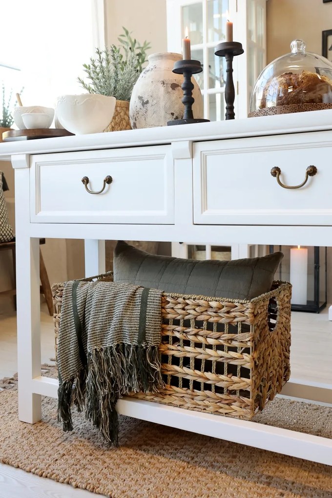 Consola alba, cu 2 sertare, din lemn de pin reciclat, aspect rustic, Marseille