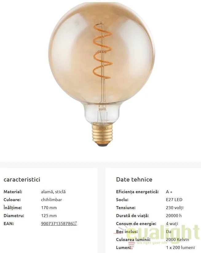 Bec decorativ Edison cu filament LED dimabil E27 4W 2000K Globe DUBAN 11404F GL