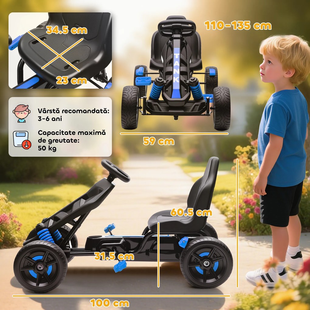 AIYAPLAY Kart cu pedale pentru copii 3-6 ani, max. 50 kg, cu suport pentru pahar și roți EVA antiderapante, albastru | Aosom Romania