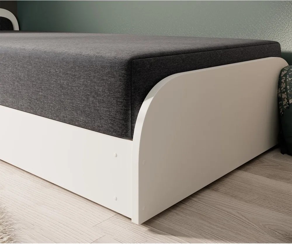 Pat alb/gri închis tapițat/din placă aglomerată de lemn cu spațiu de depozitare cu saltea 80x190 cm Parys – ELTAP