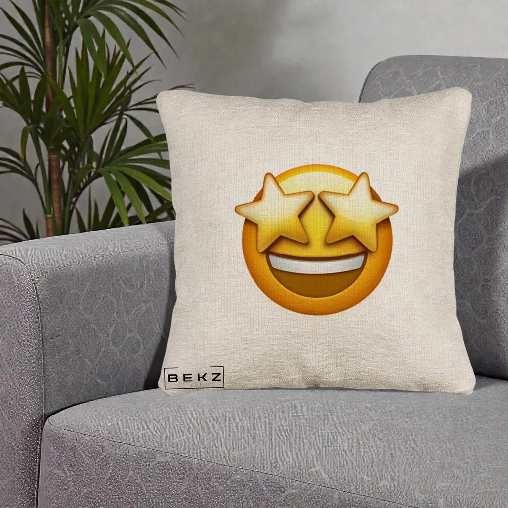 Perna Decorativa Emoji Ochi Stele, 40x40 cm, Bej Canapea, Husa Detasabila, Perna Inclusa, BEKZ®
