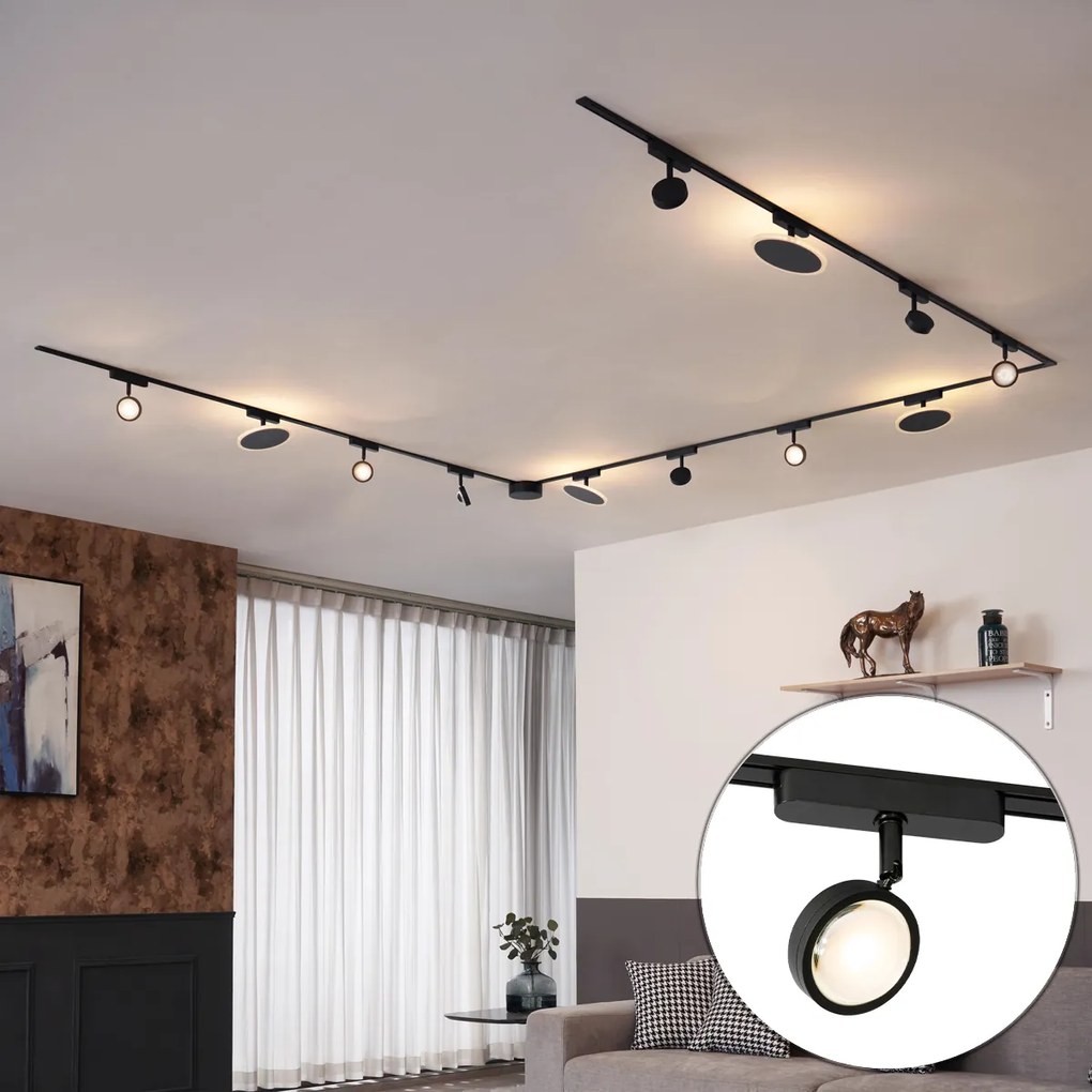 Sistem de iluminat pe șine cu 8 spoturi și 4 plafoniere negre monofazate - Magnetic Lance Puk