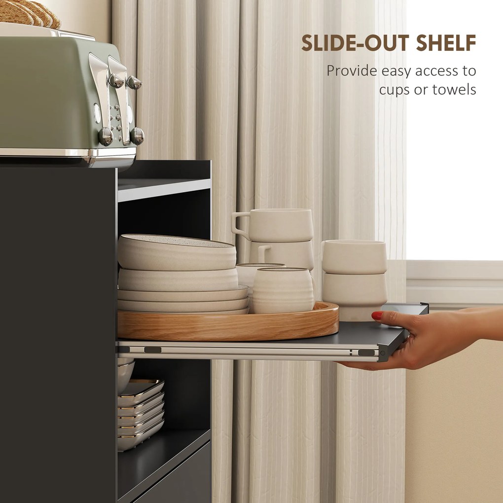 HOMCOM Dulap pentru Cuptorul cu Microunde cu Roți, Bufet de Bucătărie cu Sertar, Blat pentru Aparate, Dulap cu 2 Uși, Raft Retractabil și Raft Deschis, Cărucior de Bucătărie pentru Sufragerie, 59x40x92cm, Negru | Aosom Romania